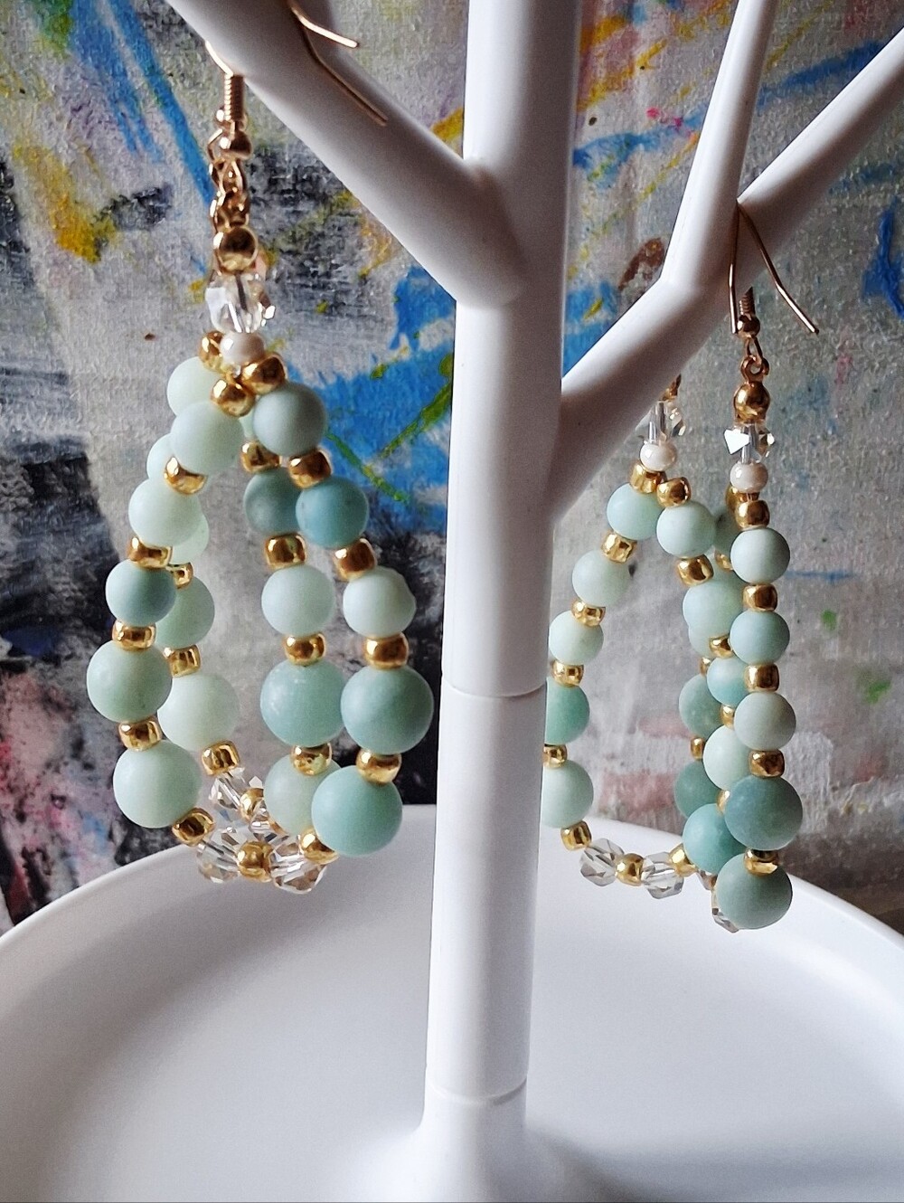 Mint Green Matte Beaded Hoop Earrings with Gold Accents Handmade